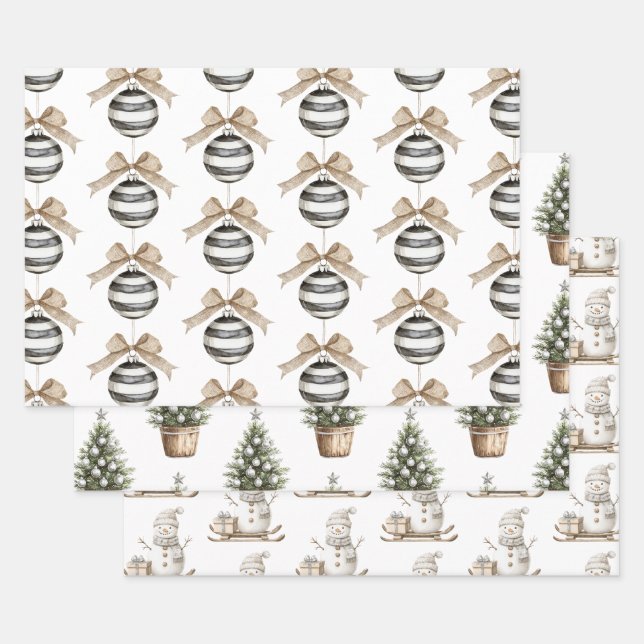 Black White Stripes Ornament Bow Christmas Wrapping Paper Sheet (Set)