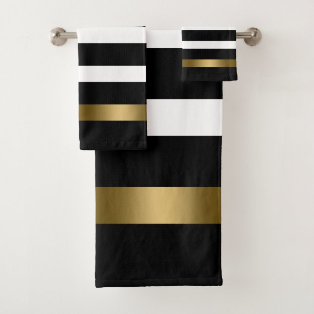 Black & white stripes pattern gold accents accent bath towel set (Insitu)