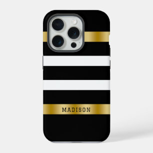 Black & white stripes pattern gold accents accent iPhone 15 pro case