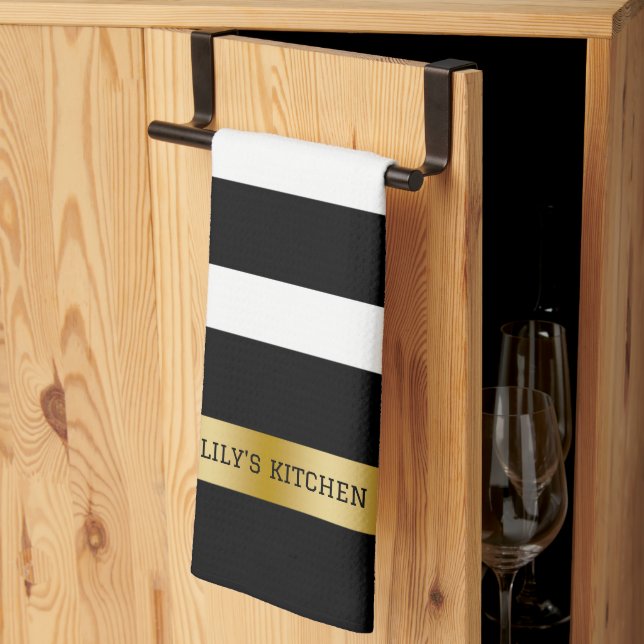 Black & white stripes pattern gold accents accent tea towel (Thirds Fold)