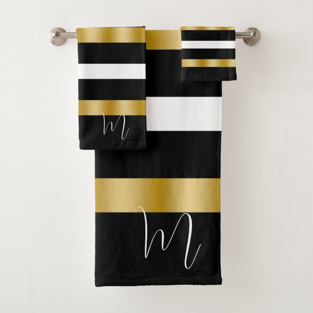 Black & White Stripes Pattern Gold Stripe Accent Bath Towel Set (Insitu)