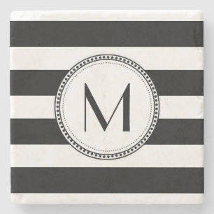 Black   White Stripes Pattern Monogram Stone Coaster