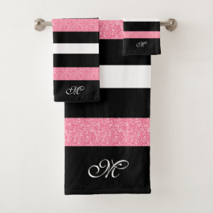 Black & White Stripes Pattern Pink Stripe Accent Bath Towel Set