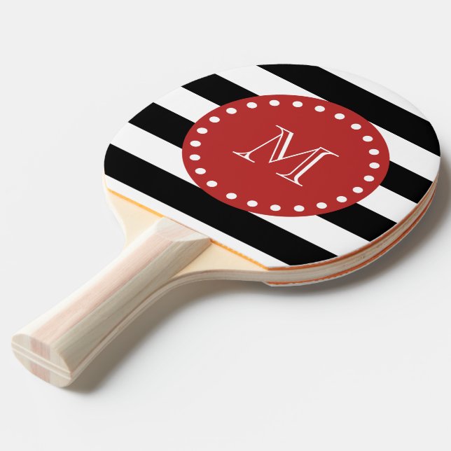 Black White Stripes Pattern, Red Monogram Ping Pong Paddle (Front Angle)