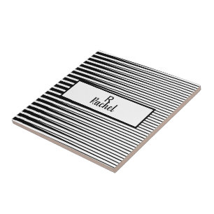 Black White Stripes Patterns Abstract Monograms Tile