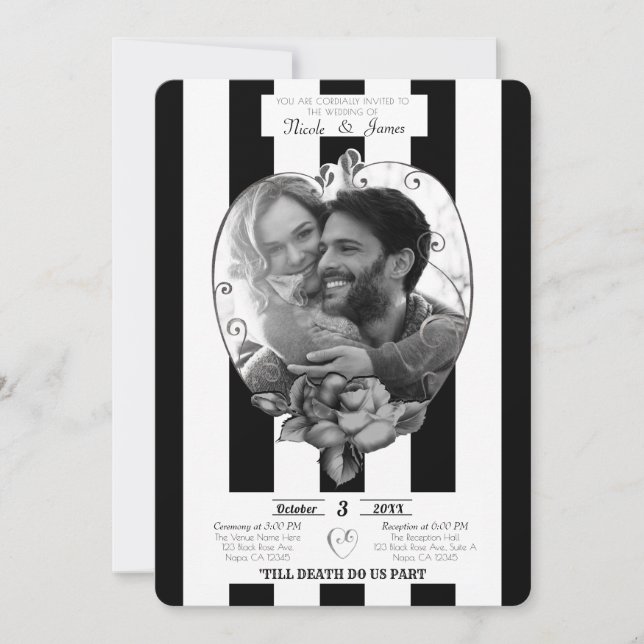 Black White Stripes Photo Marriage Gothic Wedding Invitation (Front)