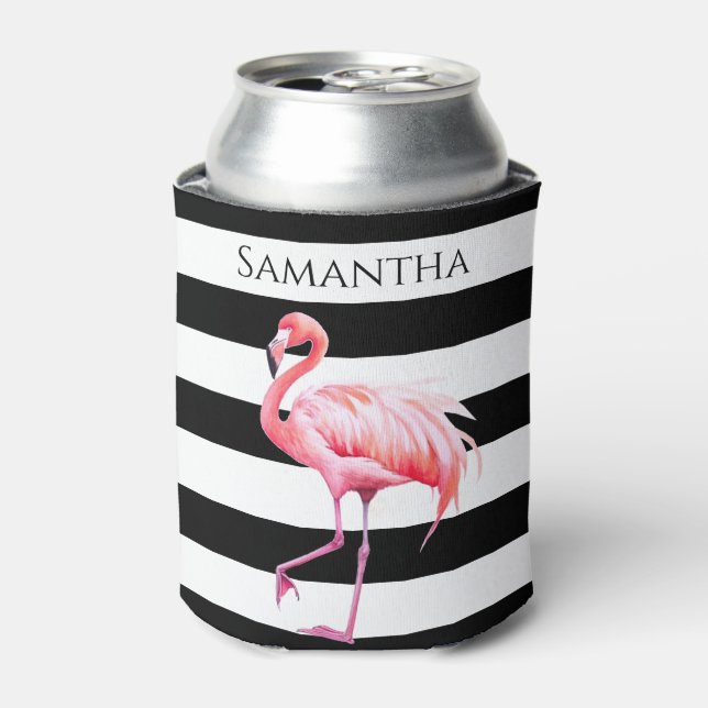 Black & White Stripes Pink Flamingo Custom Name Can Cooler (Can Front)