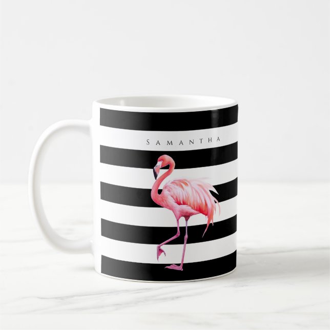 Black & White Stripes Pink Flamingo Custom Name Coffee Mug (Left)