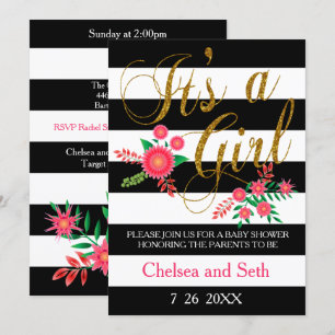 Black & White Stripes   Pink Floral   Baby Shower Invitation