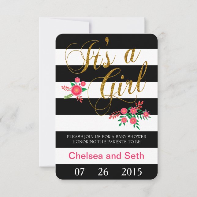 Black & White Stripes | Pink Floral | Baby Shower Invitation (Front)