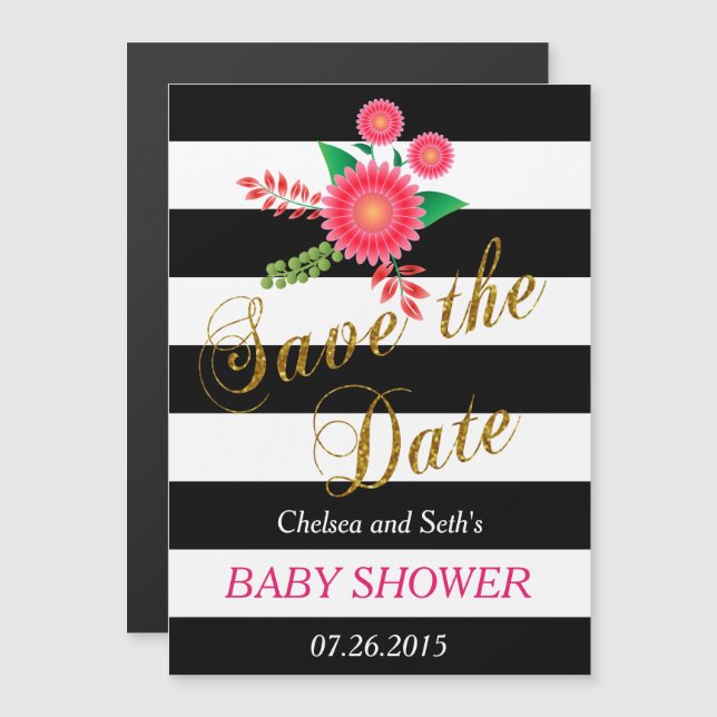 Black & White Stripes | Pink Floral  | Baby Shower Magnetic Invitation (Front/Back)