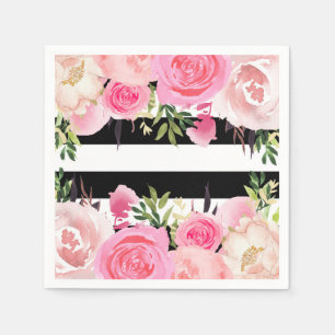 Black White Stripes Pink Floral Bridal Shower Napkin