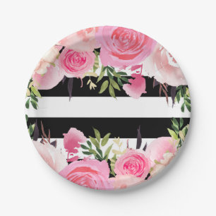 Black White Stripes Pink Floral Bridal Shower Paper Plate