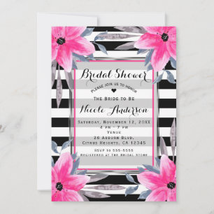 Black & White Stripes Pink Floral Modern Botanical Invitation