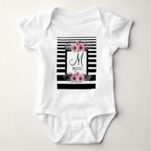 Black & White Stripes Pink Floral Monogram