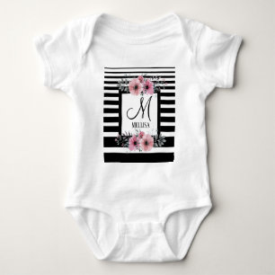 Black & White Stripes Pink Floral Monogram Baby Bodysuit