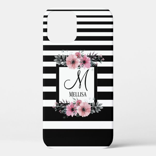 Black & White Stripes Pink Floral Monogram Case-Mate iPhone Case (Back)