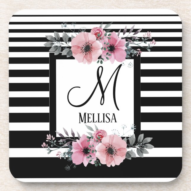 Black & White Stripes Pink Floral Monogram Coaster (Front)