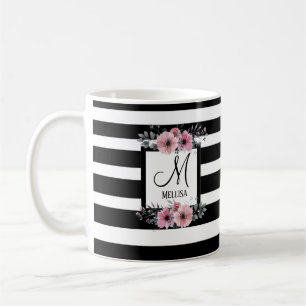 Black & White Stripes Pink Floral Monogram Coffee Mug