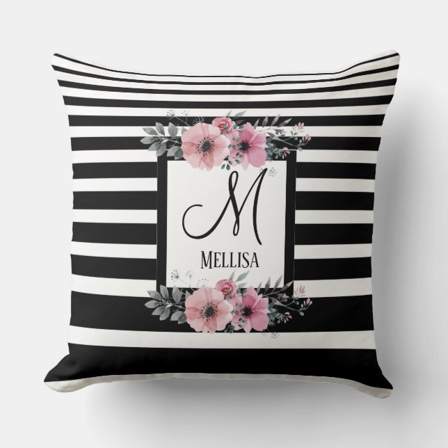Black & White Stripes Pink Floral Monogram Cushion (Front)