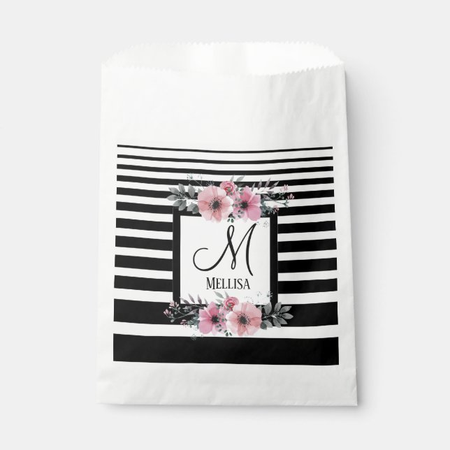 Black & White Stripes Pink Floral Monogram Favour Bags (Front)