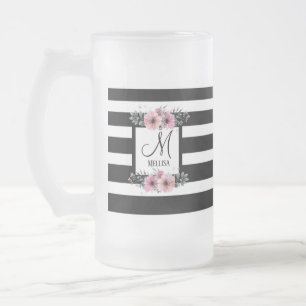 Black & White Stripes Pink Floral Monogram Frosted Glass Beer Mug