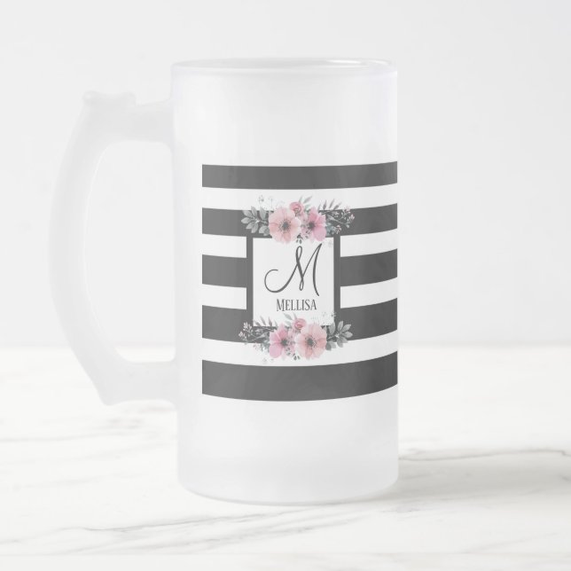 Black & White Stripes Pink Floral Monogram Frosted Glass Beer Mug (Left)