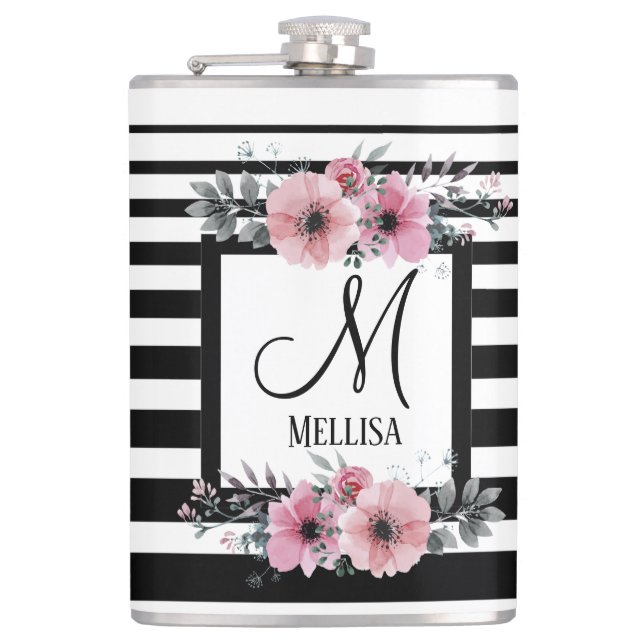 Black & White Stripes Pink Floral Monogram Hip Flask (Front)