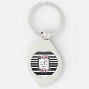 Black & White Stripes Pink Floral Monogram Key Ring