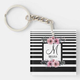 Black & White Stripes Pink Floral Monogram Key Ring
