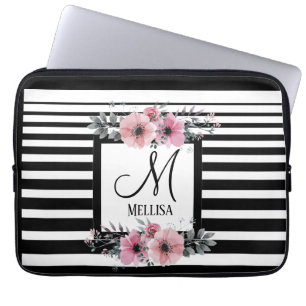 Black & White Stripes Pink Floral Monogram Laptop Sleeve