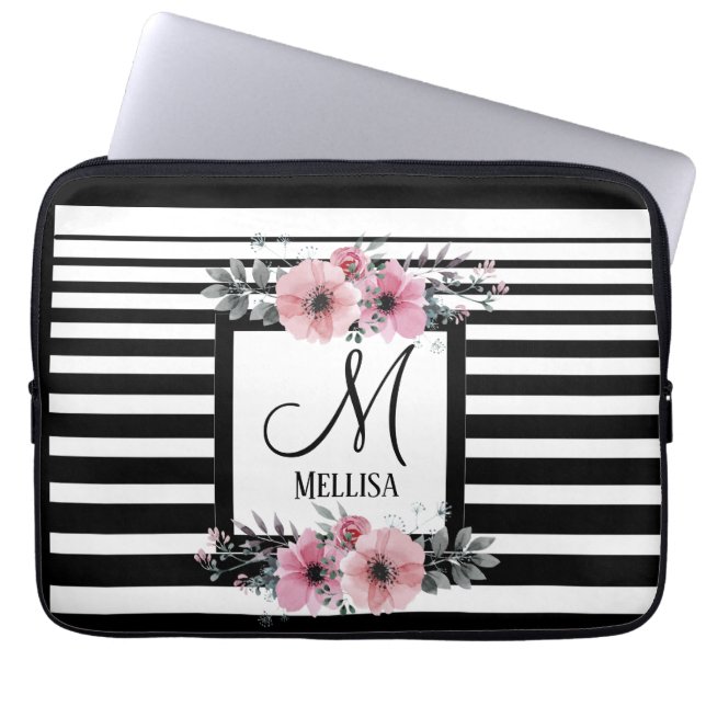 Black & White Stripes Pink Floral Monogram Laptop Sleeve (Front)