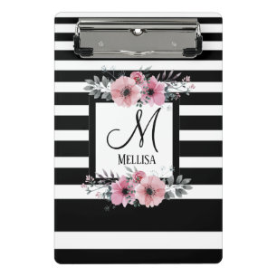 Black & White Stripes Pink Floral Monogram Mini Clipboard
