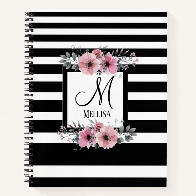 Black & White Stripes Pink Floral Monogram Notebook (Front)