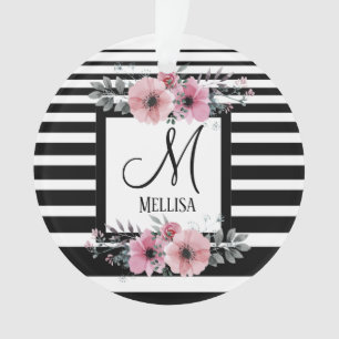 Black & White Stripes Pink Floral Monogram Ornament