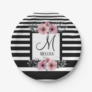 Black & White Stripes Pink Floral Monogram Paper Plate