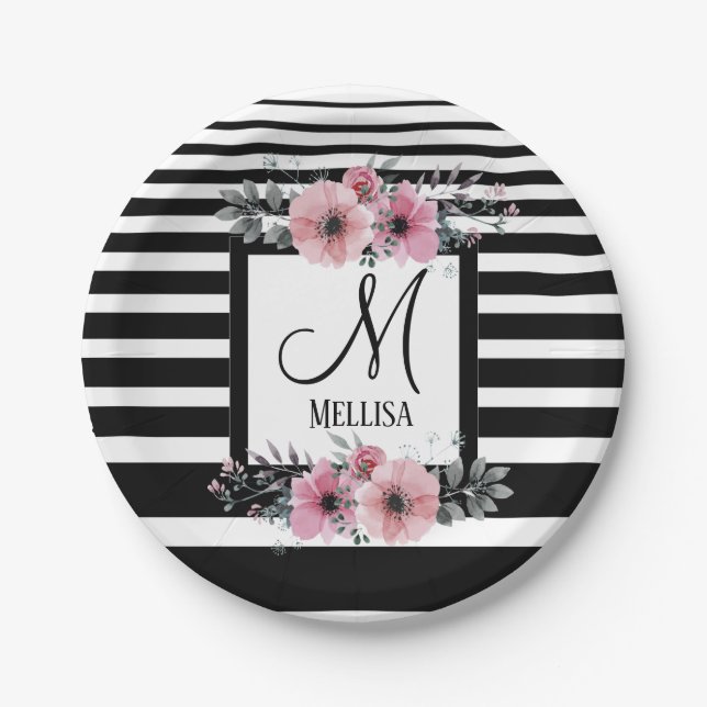Black & White Stripes Pink Floral Monogram Paper Plate (Front)