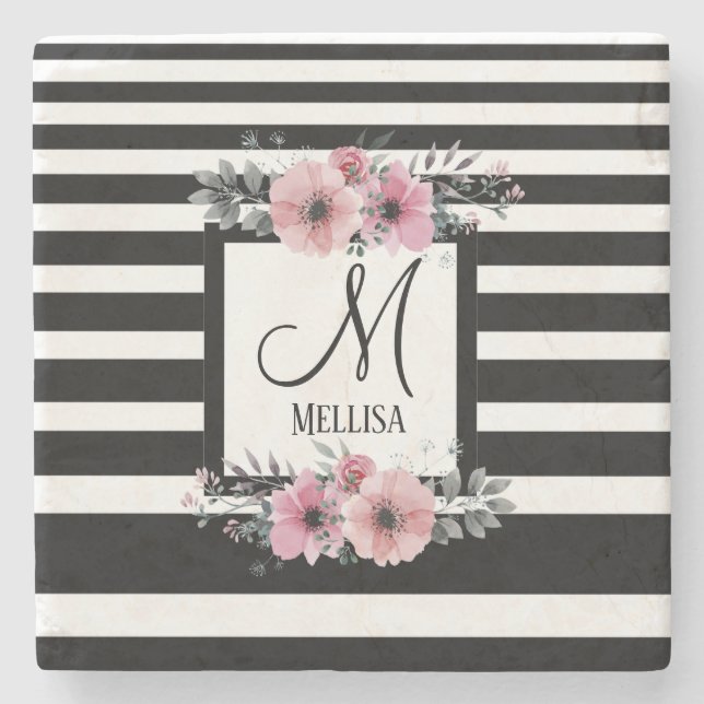 Black & White Stripes Pink Floral Monogram Stone Coaster (Front)