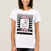 Black & White Stripes Pink Floral Monogram