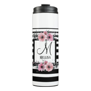 Black & White Stripes Pink Floral Monogram Thermal Tumbler