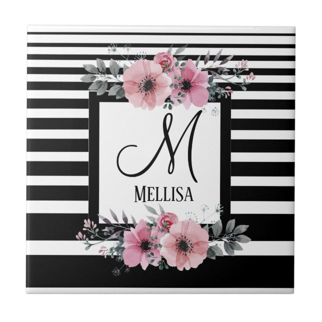 Black & White Stripes Pink Floral Monogram Tile (Front)