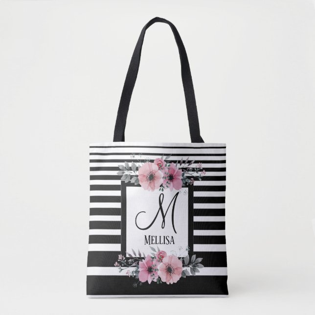 Black & White Stripes Pink Floral Monogram Tote Bag (Front)