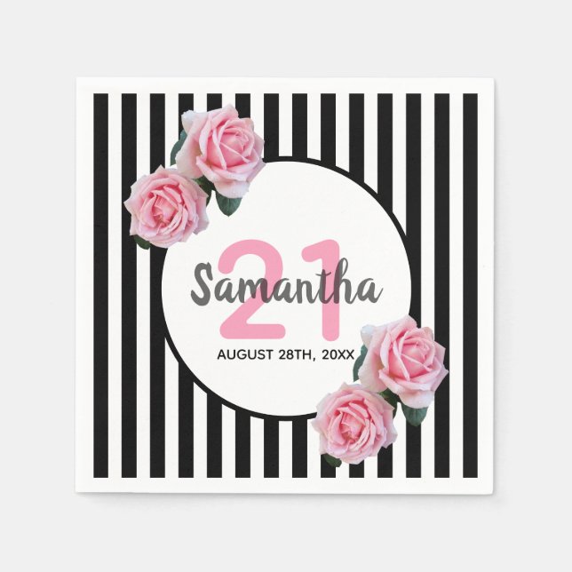 Black white stripes pink florals 21st birthday napkin (Front)