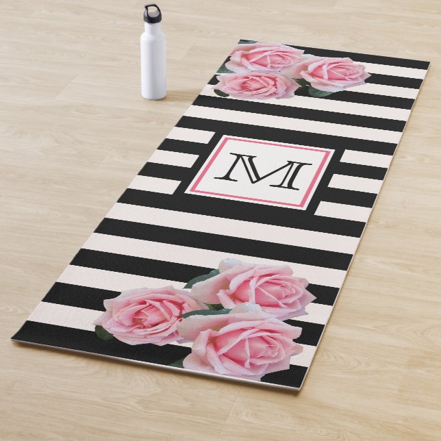 Black white stripes pink florals monogram yoga mat (In Situ)