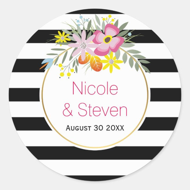 Black white stripes & pink flowers modern wedding classic round sticker (Front)