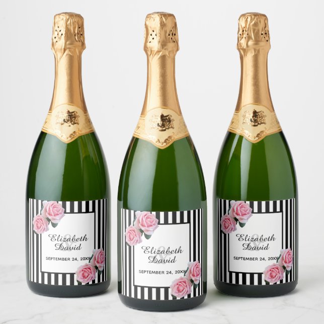 Black white stripes pink flowers rose wedding sparkling wine label (Bottles)