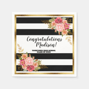 Black White Stripes Pink Gold Floral Graduation Napkin