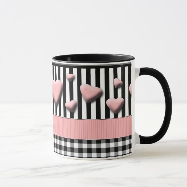 Black White Stripes Pink Hearts Mug (Right)