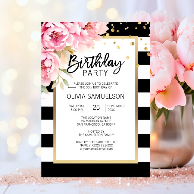 Black White Stripes Pink Peonies Birthday Party Invitation (Black White Watercolor Pink Floral Birthday Party Invitation)