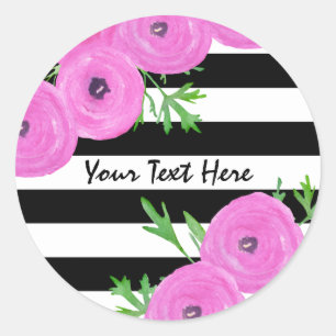 Black White Stripes Pink Ranunculus Floral Classic Round Sticker